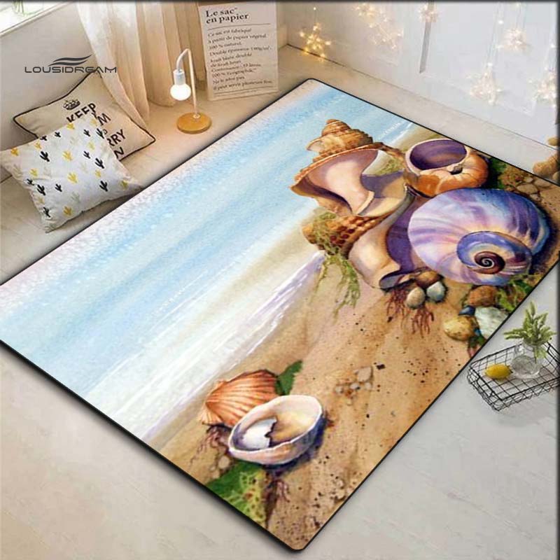 Vintage Beach Seashell Conch Oil Painting Print Area Rug Ocean Seaside Non‑Slip Rectangular Floor Mat Living Bedroom Home Decor Rug