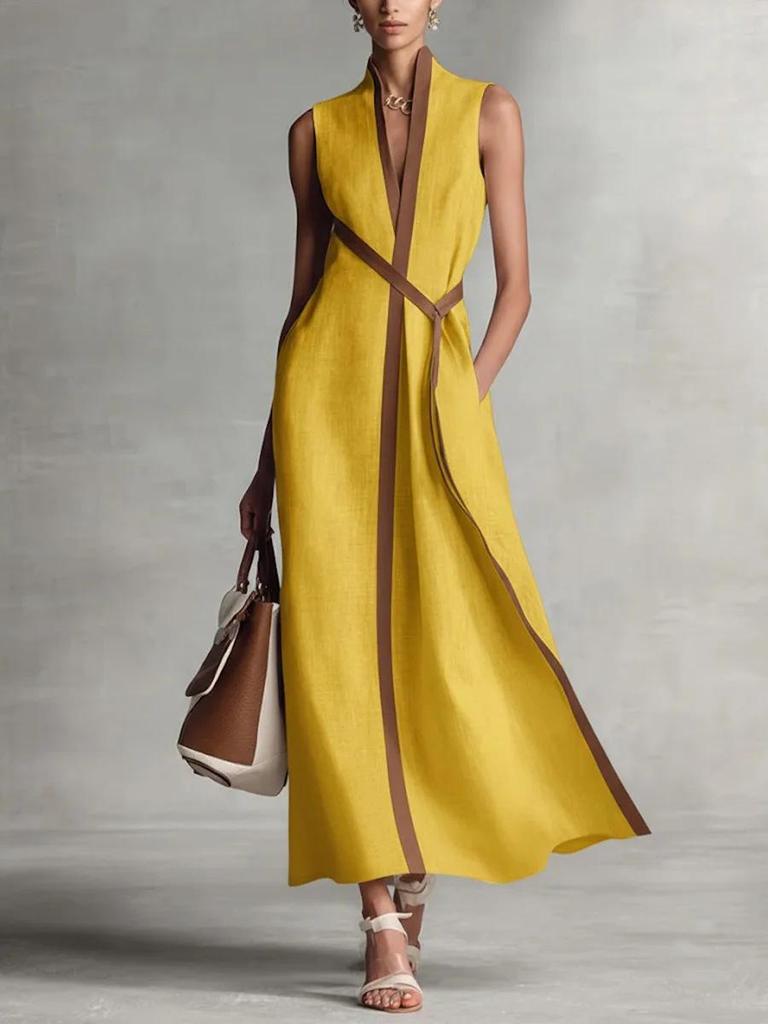 2026 European Spring/Summer Women's Color Block Sleeveless Stand Collar Cotton Linen Dress