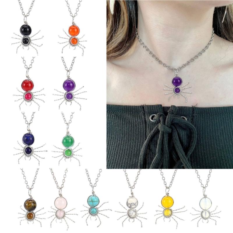 Handmade Colorful Rough Stone Necklaces Crystal Spiders Pendant Neckchains Adjustable Length Chain Jewelry Accessories