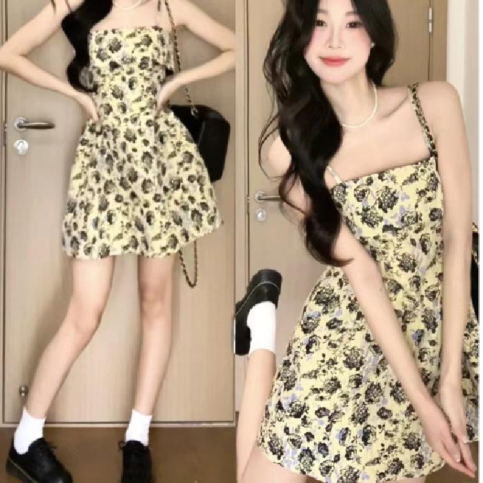 French suspender floral dress children s summer new small temperament waist Spice girl short skirt S жёлтый