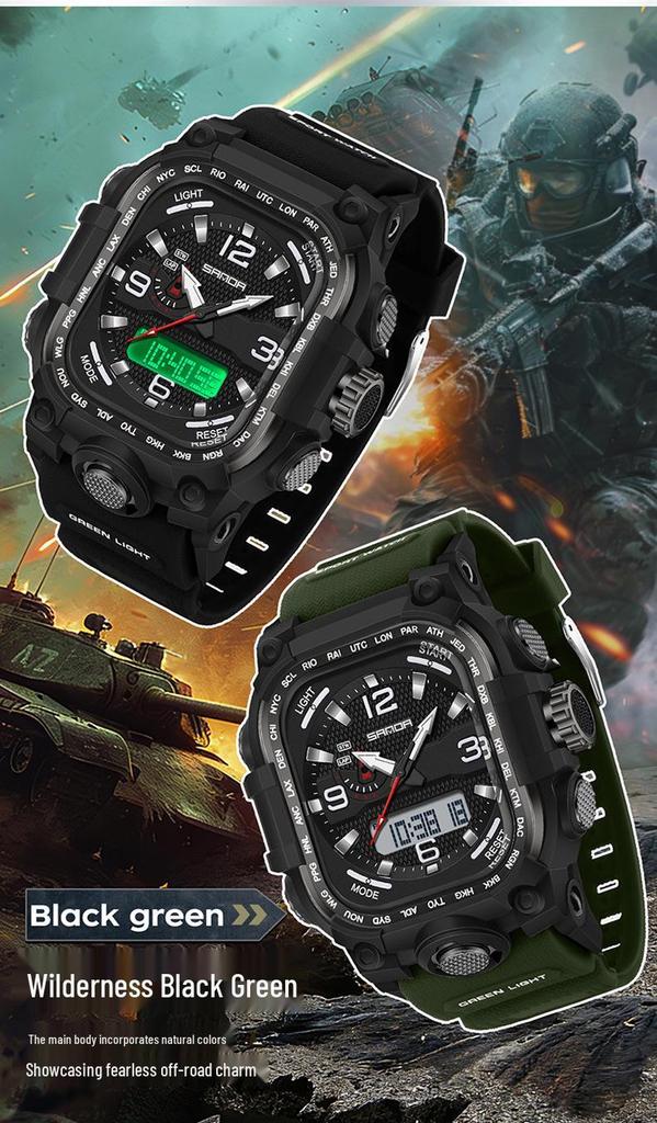 Sanda Three-Hand Square Dial Waterproof Student Sport Watch with Dual Display and Three-Zone Time.