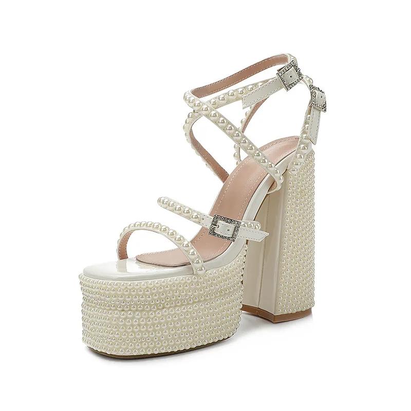 Fashion Brand Hand Inlaid Pearl/Rhinestone High Heel Sandals Wedding Bridal Party Water Platform Bow Sandals Large 42 Sexy Women's Shoes