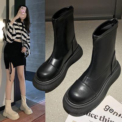 Fashion Winter Thick Heel British Luxury Boots 2024 Genuine Leather Women's Thick Sole Boots Thin Section Heightening Boots for Women