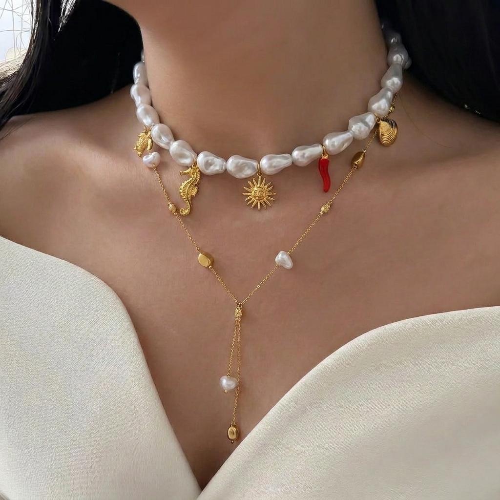 Bohemian Baroque Irregular Imitation Pearl Necklace For Women Ocean Starfish Seahorse Turtle Sun Coral Choker Beach Jewelry