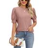Women Button Puff Sleeve O Neck Breathable Solid Color Pullover T Shirt Blouse Top