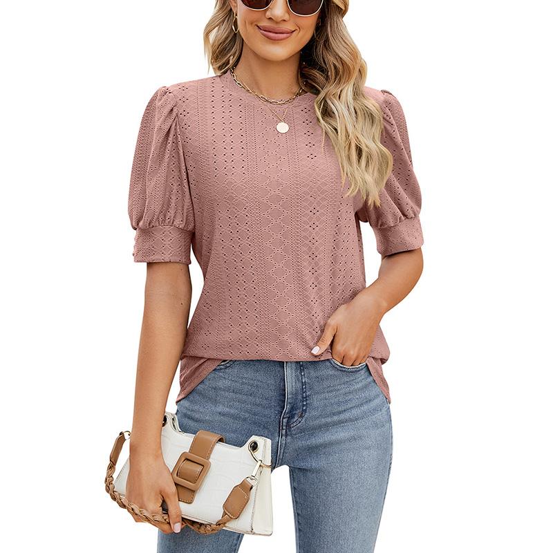 Women Button Puff Sleeve O Neck Breathable Solid Color Pullover T Shirt Blouse Top