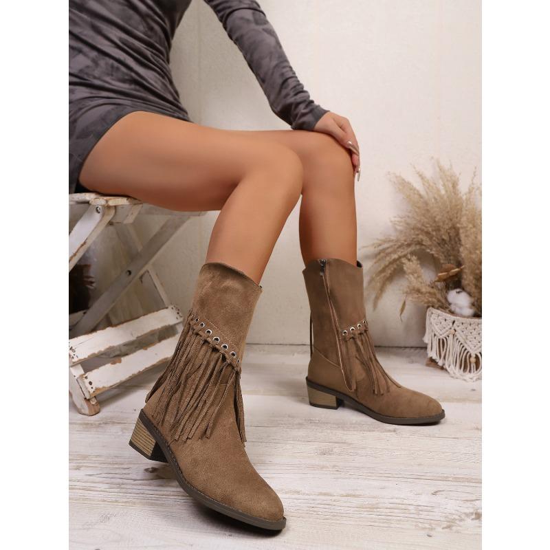 Plus Size Fringe Boots Women's Winter 2025 New Vintage Side Zipper Western Cowboy Boots