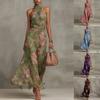 European and American Women's Clothing Hip-wrapped Mesh Printing Irregular Split Pleats Sexy Suspender Dress Long Dress