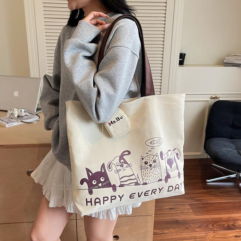 Casual Large Capacity Canvas Bag Women's 2025 Autumn New Light Commuter Shoulder Bag Graffiti Handbag Tote Bag