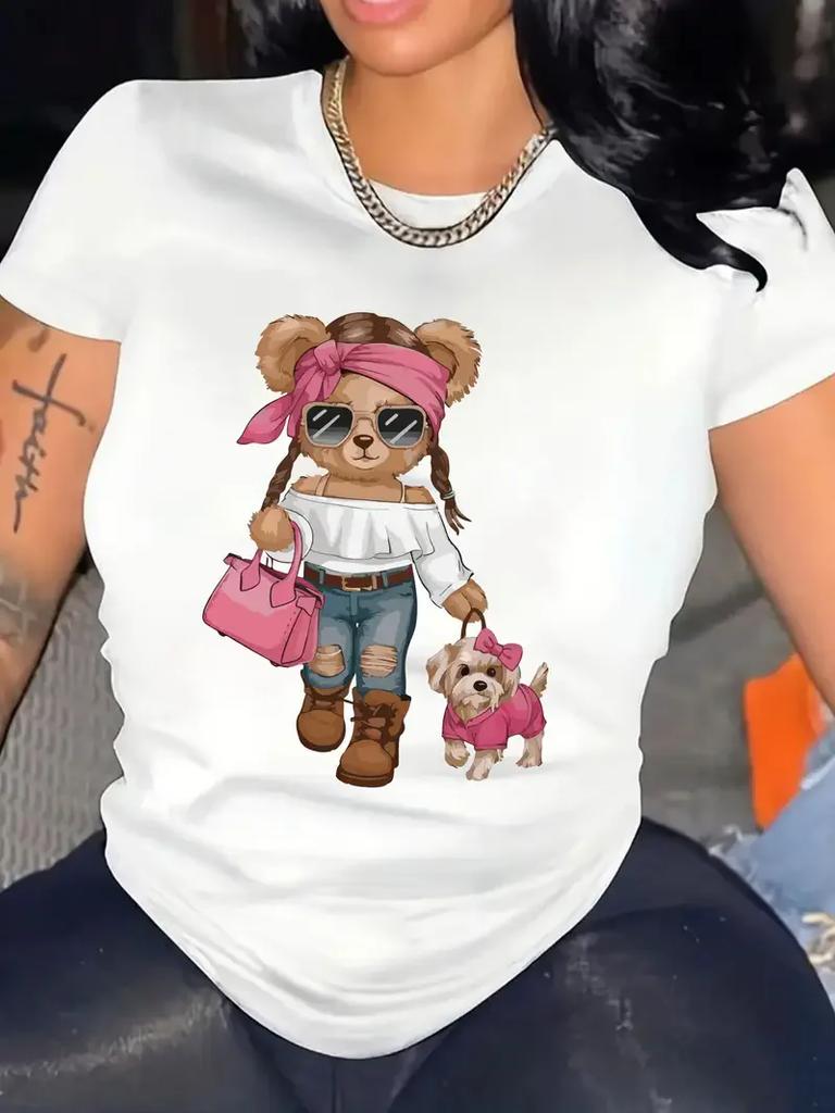T Shirt Bear Print Tshirt Short Sleeve Crew Neck Casual Top for Harajuku Sleeve Casual Clothing Street Tees Aesthetic Clothes