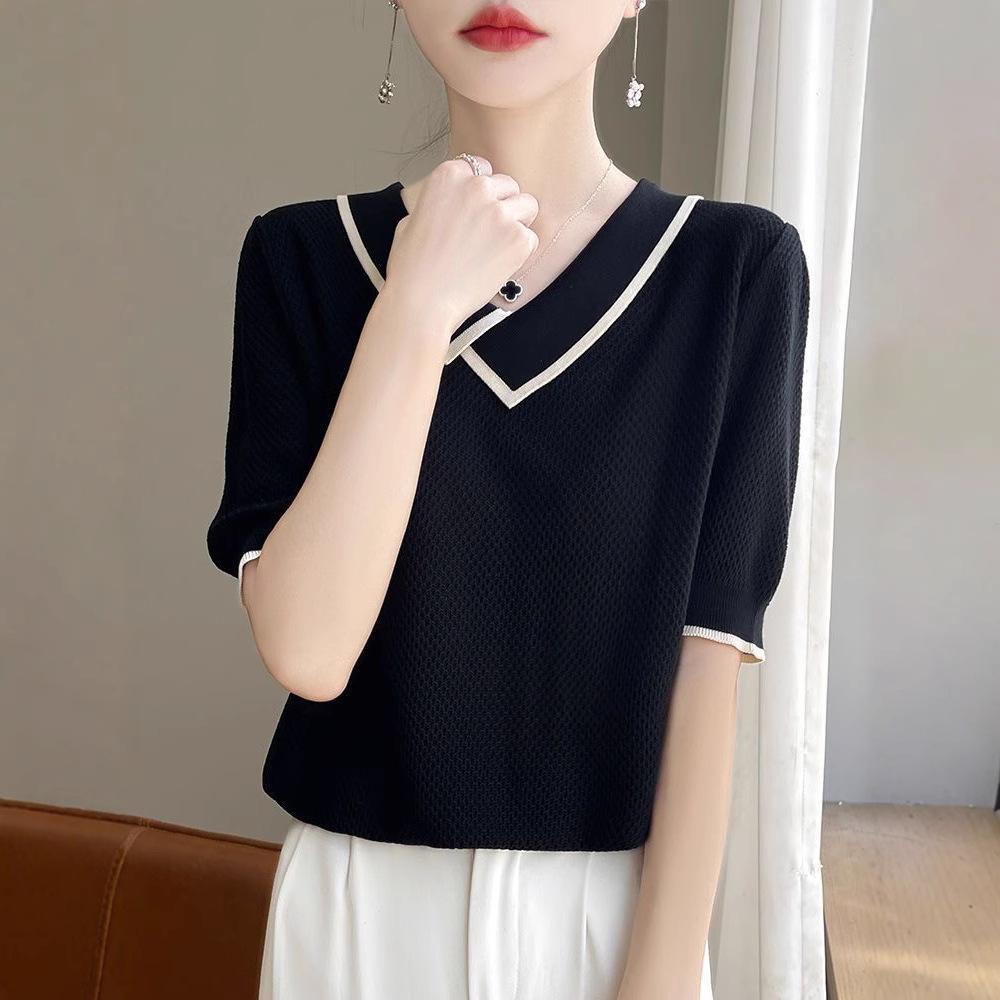 Summer Women's Knitted T-shirt Top V-neck Ice Silk Knitted Shirt Short Sleeve for Women