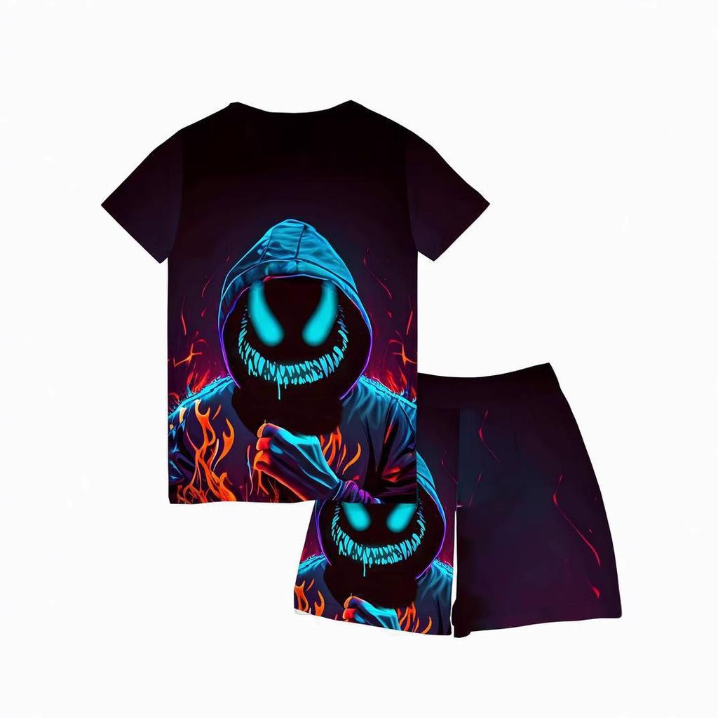 Popular Boys Funny Fashion Series D Printed Casual Pullover Clothing, Short Sleeve Shorts Set
