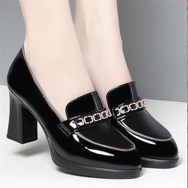 High Quality Pumps for Women Solid Color Thick Heel Soft Leather Shoes Patent Leather British Woman Round Toe High Heels Shoes