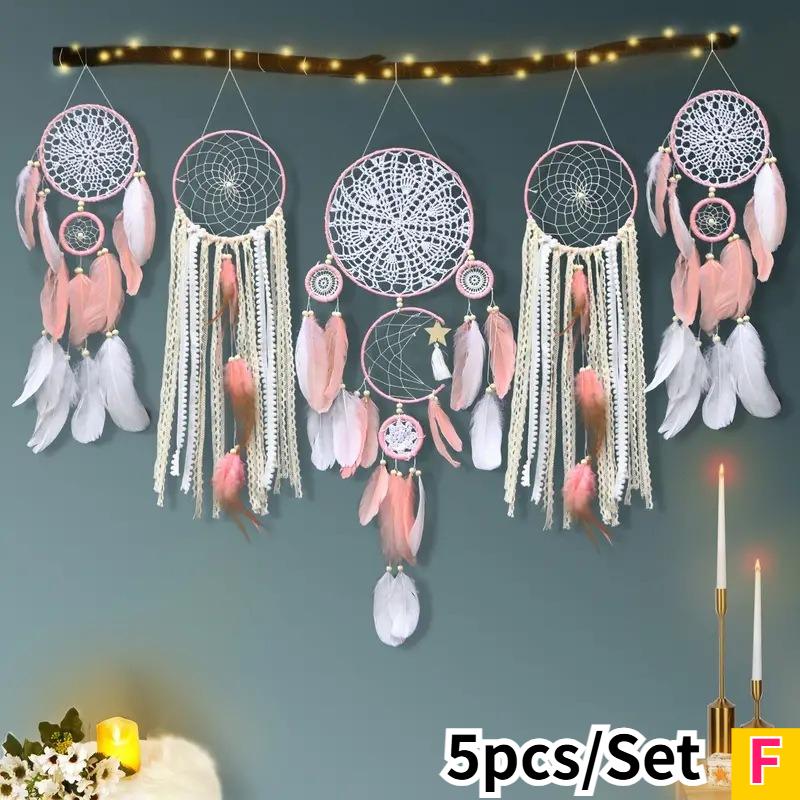 5pcs Boho Handmade Dreamcatcher Set Vintage Home Wall Artificial Imitation Feather Decorative Wall Hanging Bedroom Decorations