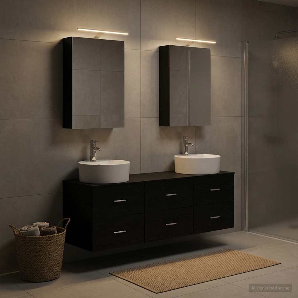 5 Piece Bathroom Furniture Set Black Oak Engineered Wood & Glass