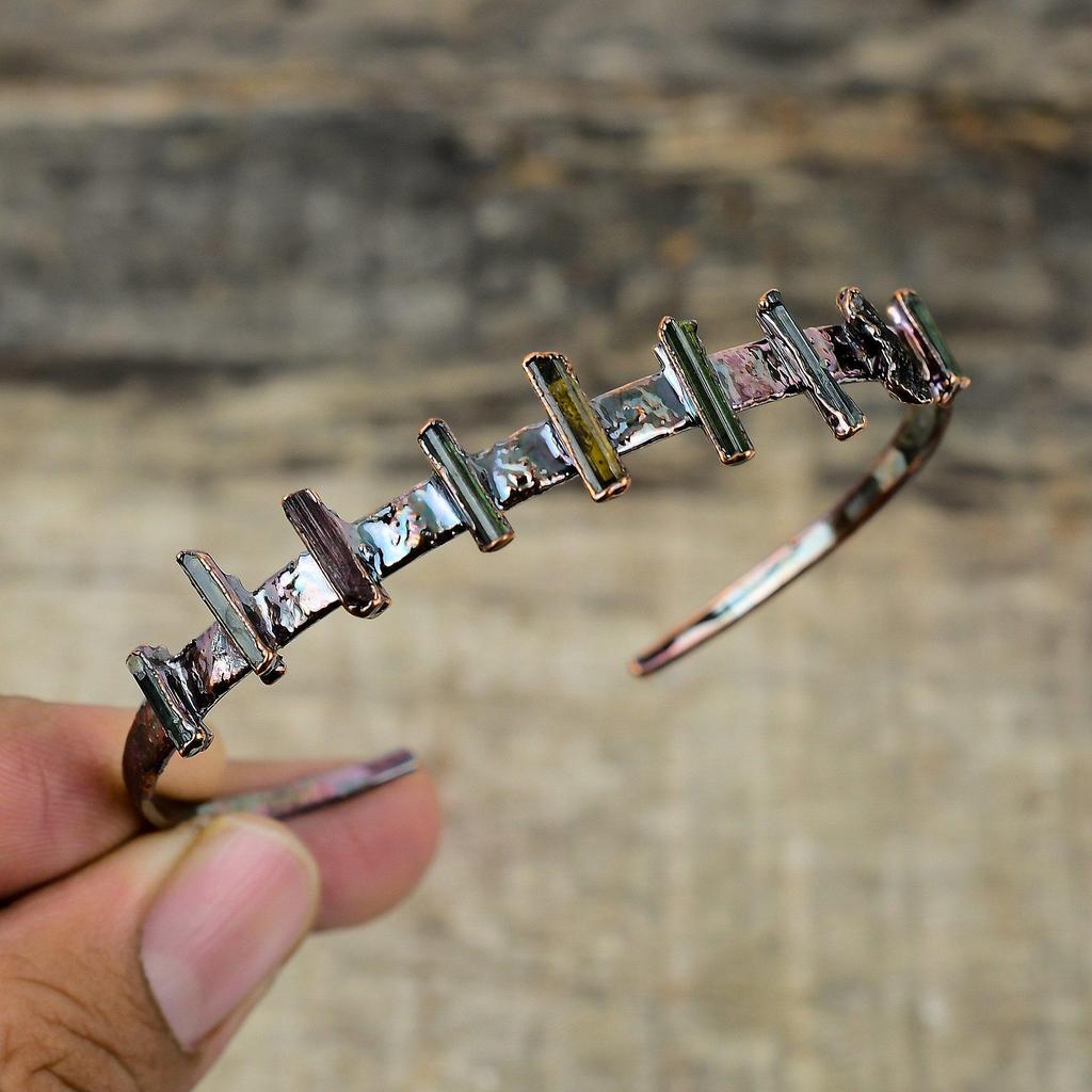 Multi Tourmaline Rough Cuff Bracelet Electroformed Copper Bangle Gemstone Adjustable Bangle Handmade Electroformed Jewelry Anniversary Gift