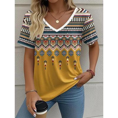 Retro Gemustertes Bedrucktes T-Shirt Modisches Lockeres Kurzärmeliges Rundhals Vielseitiges Bequemes Damen V-Ausschnitt T-Shirt