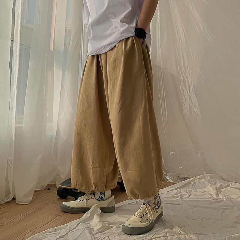 Vintage Solid Color Loose Cotton Men's Cargo Pants Street Casual Drawstring Anklet All-match Casual Male Knickerbockers