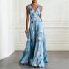 Women's Light Blue Tulip Print Deep V Neck Sleeveless Maxi Dress