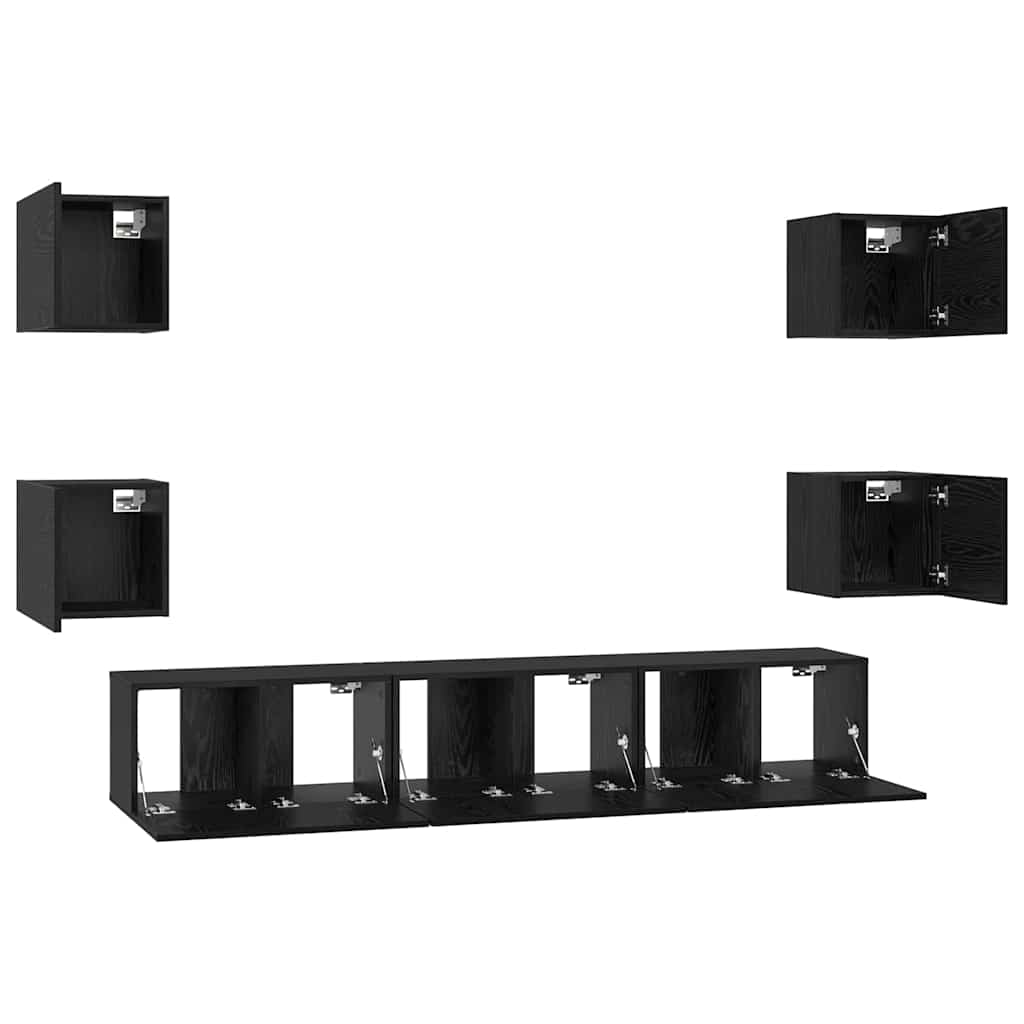 7 Piece Wall Mounted TV Cabinet Set Black Oak Effect Engineered Wood