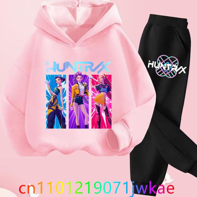 Teen KPop Demon Hunters Hoodies+Pants Sets Boys Girls Korean Anime Movie Hoody Fashion Long Sleeve Kids Hooded Sports Suits