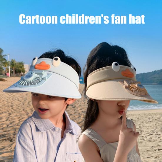 Kids Hat with Built-in Fan Cartoon Shape Oversized Brim UV-Resistant Sun Hat Cartoon Style Adjustable Wind Speed Hat
