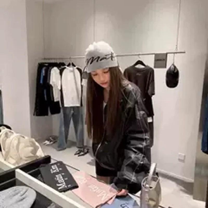 Matin Kim Letter Knit Beanie Hat Unisex Streetwear Winter Cap Men Women Trendy Korean Fashion Cold Weather Accessory