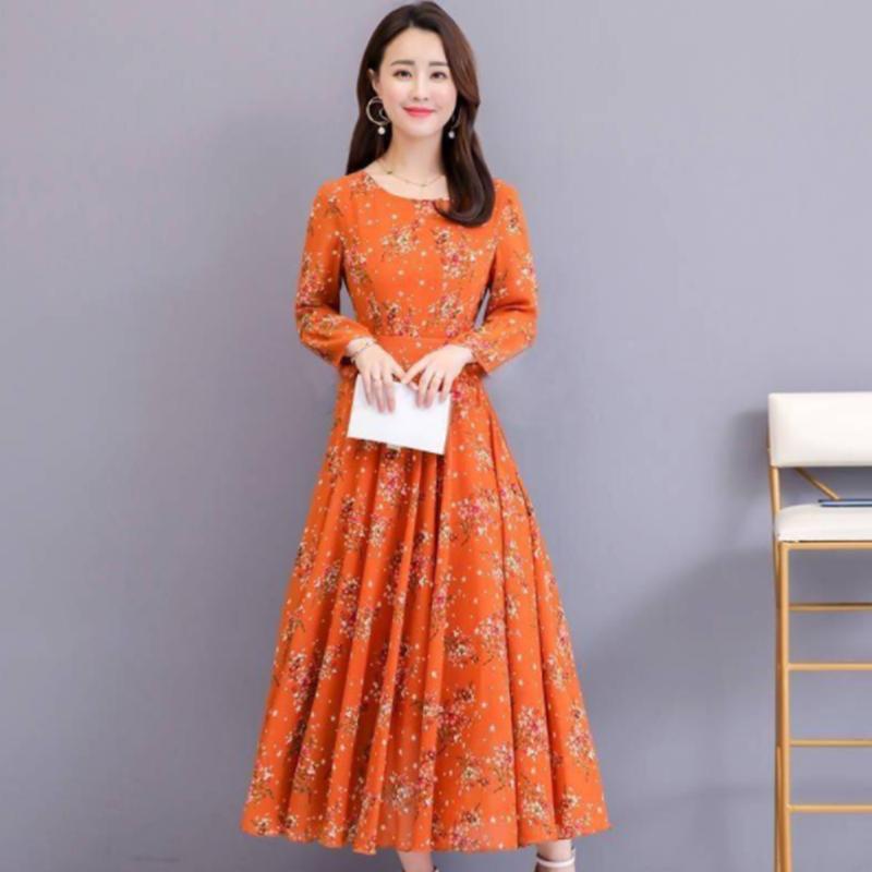 Jaro Nový Korejský Styl Rozšířený Styl Potisk Rozšířené Šaty Dlouhý Rukáv Nad Koleno Kulatý Výstřih Plážová Sukně