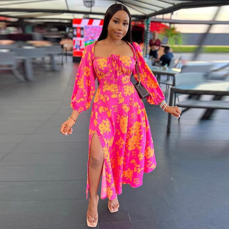 

Женское платье, весенние свежие милые платья с квадратным вырезом и завязкой на талии, с длинными рукавами и разрезом XL темно-розовый