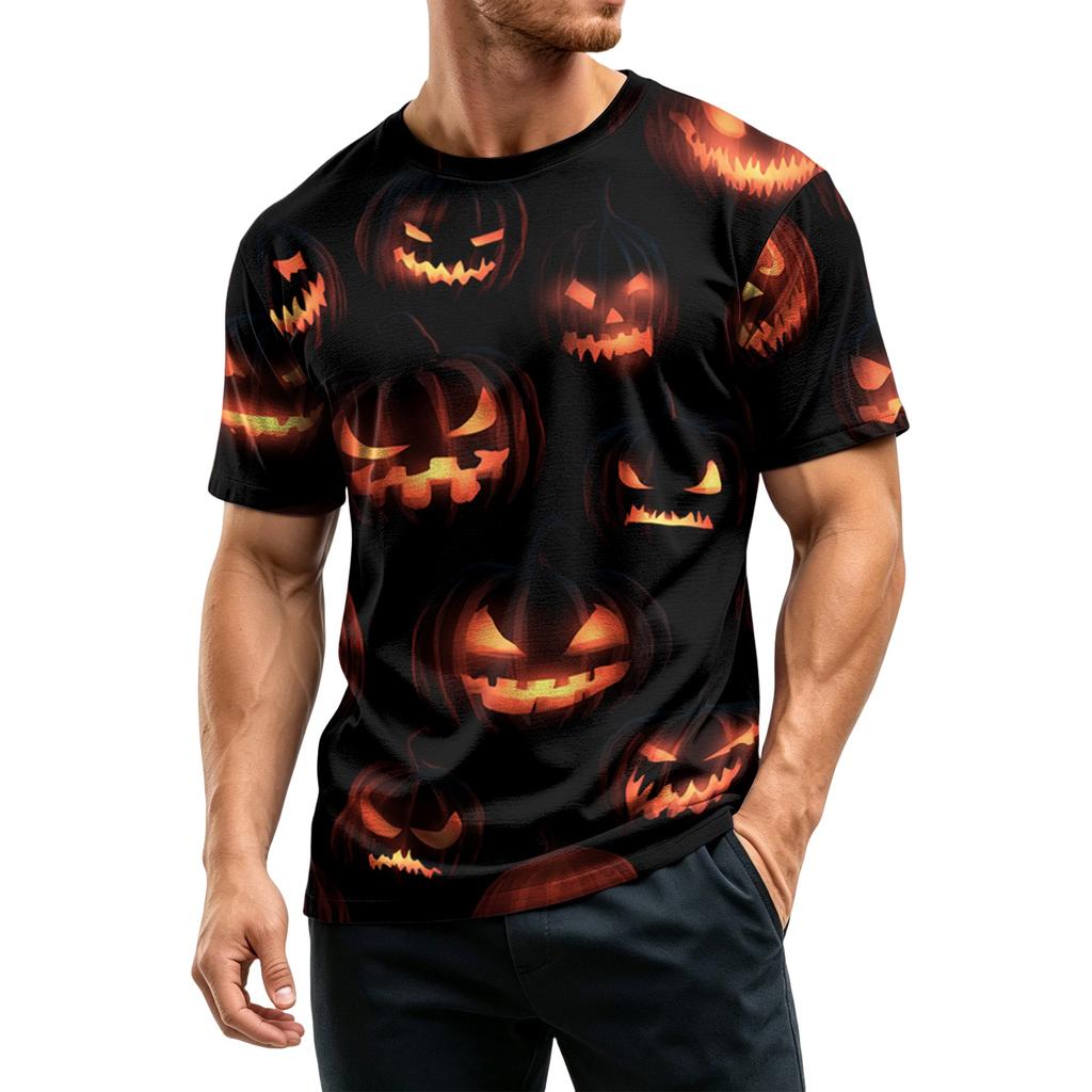 Men's Casual Short Sleeve T-Shirt Lightweight Breathable Fabric Crew Neck Halloween Pumpkin Print Comfortable Fit