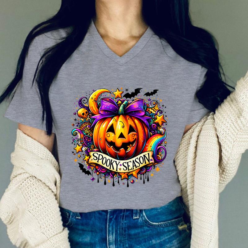 Women Tshirts Pumpkin Halloween Spooky Season Graphic T Shirts Women Colorful Halloween Design Horror Pumpkin Skeleton Tshirt
