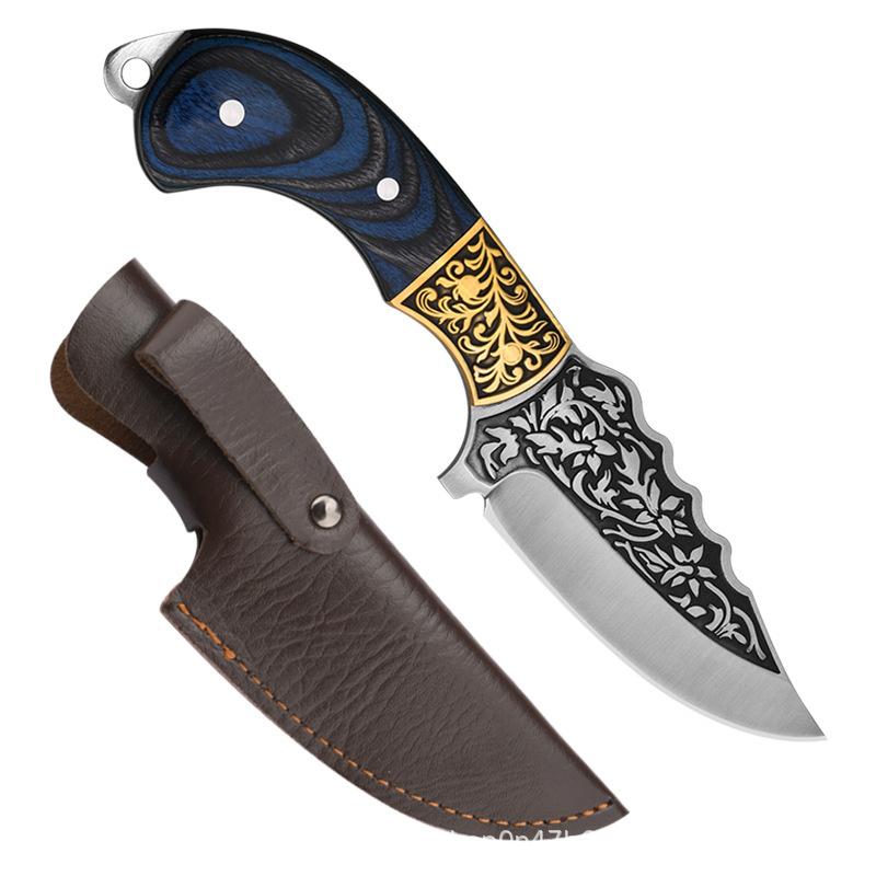 Kitchen Knife Thick Carved Pattern Handmade Knife Outdoor Barbecue Meat Eating Knife Stainless Steel Fruit Knife