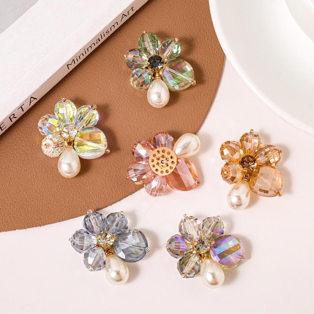 Handmade Crystal Flower Stud Earrings and Hair Clips - Beaded Accessories for Shoes and Clothing