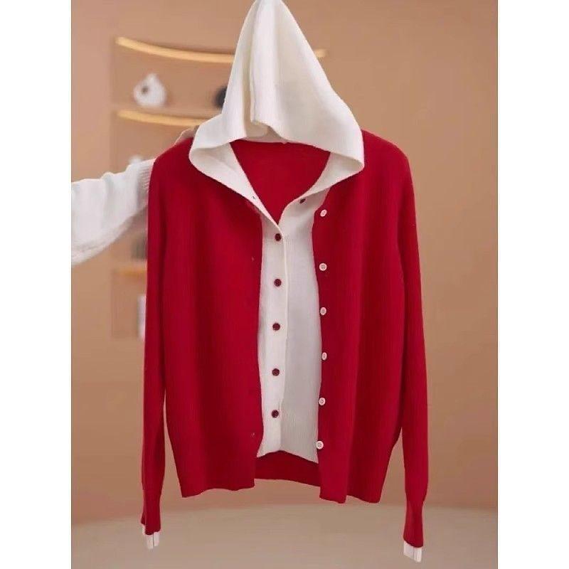 

Трикотажный кардиган с капюшоном в стиле колор-блок - Весенний повседневный комплект из двух предметов с длинным рукавом S 80-90 lbs