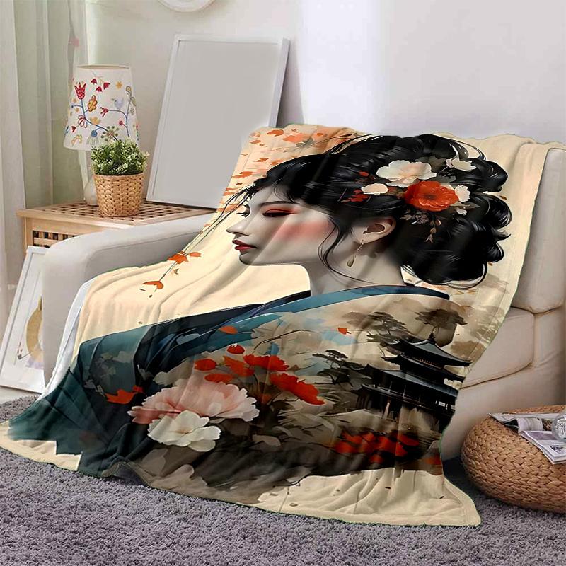 1pc Japanese Geisha Floral Print Blanket Home Decor, Sofa Throw, Outdoor Blanket .W050