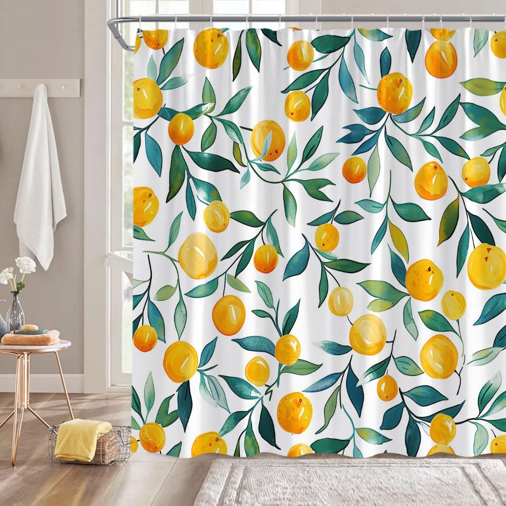 Lemon Shower Curtain Green Leaves Watercolor Fruits Plant Modern Minimalistic Botanical Bathroom Decor Curtain with Hooks,Green Orange