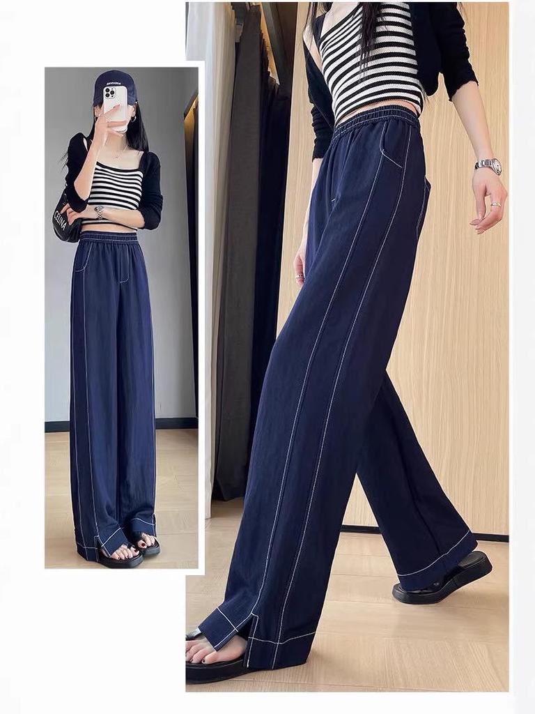 Women's Summer High Waist Wide-Leg Denim Pants with Slit - American Style, Thin Fabric, Fashionable Casual Blue.