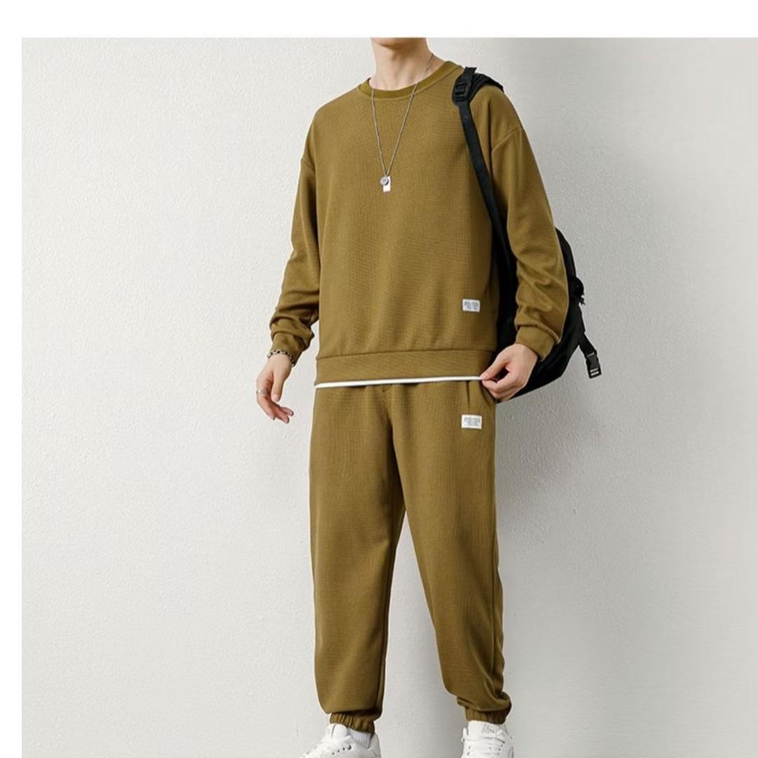 

Мужской осенний свободный костюм из вафельной ткани для молодежи, свободный повседневный свитшот + спортивные штаны, простой повседневный комплект из двух предметов S