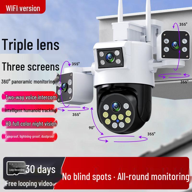 4G Rotating Surveillance Camera with Three Lenses, 360° Panoramic View, No Recharge Needed, Waterproof & Remote Access