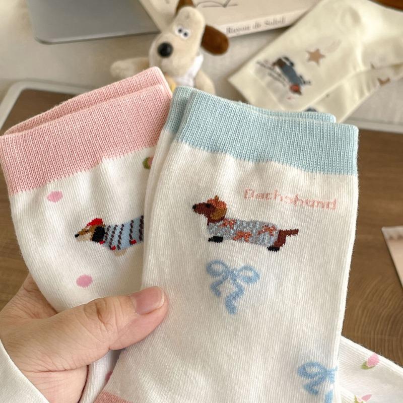 Cartoon Dackel Welpensocken, Mädchen Mid-Calf Socken und Niedliche Mädchen Lange Strümpfe für Frühling und Sommer