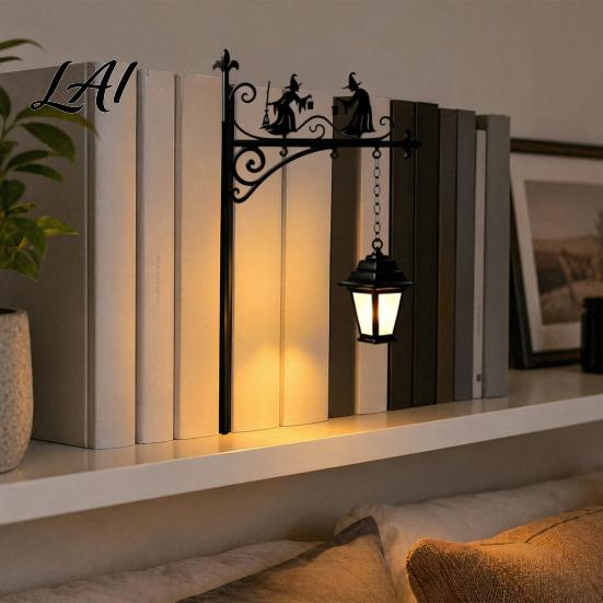Matte Black Iron Book Holder Decorative Bookshelf Light Vintage Library Lantern Reading Lights for Bookworms LED Table Lamp with Bookends