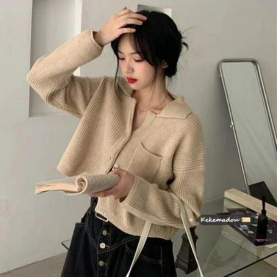 Korean Style Women's Knit Cardigan: Autumn/Winter 2024 Short Single-Breasted Sweater with Pockets
