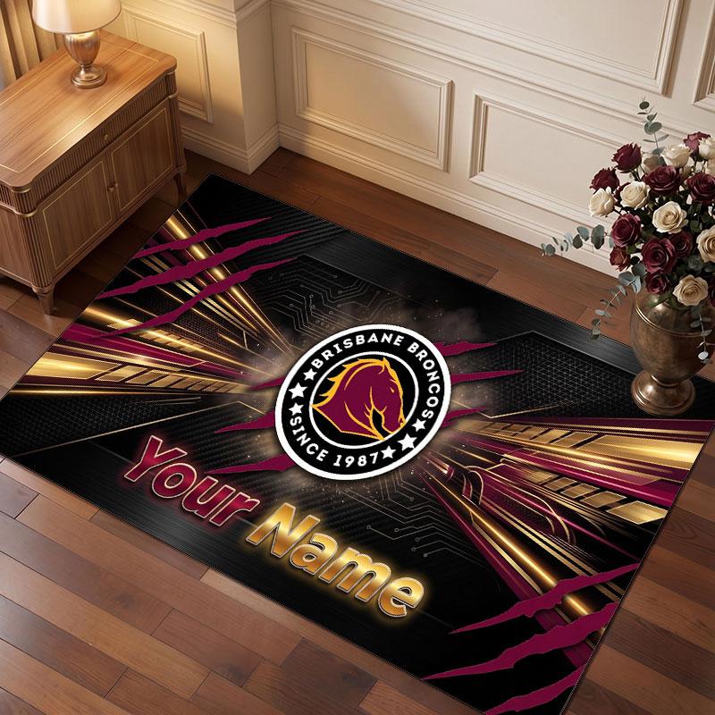 Brisbane Broncos Personalisierter Kristall-Samt-Teppich, Benutzerdefinierter Name Text Weicher Anti-Rutsch-Teppich für Wohnzimmer Schlafzimmer
