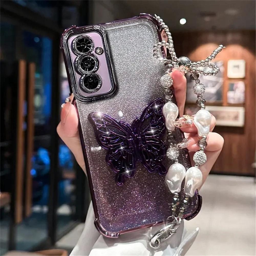 Pearl Bracelet Butterfly Stand Phone Case For Samsung A51 A31 A21S A50 A20 A30 A10S A70 A71 A11 M56 Glitter Shockproof Cover