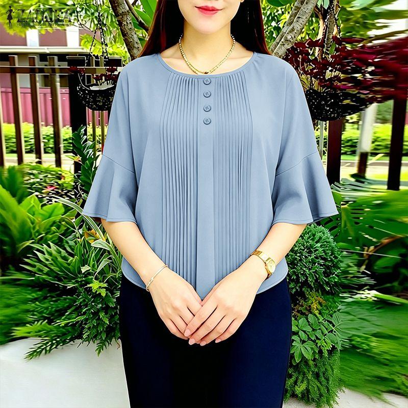 ZANZEA Women Casual Round Neck Solid Color Loose 3/4 Sleeve Blouse