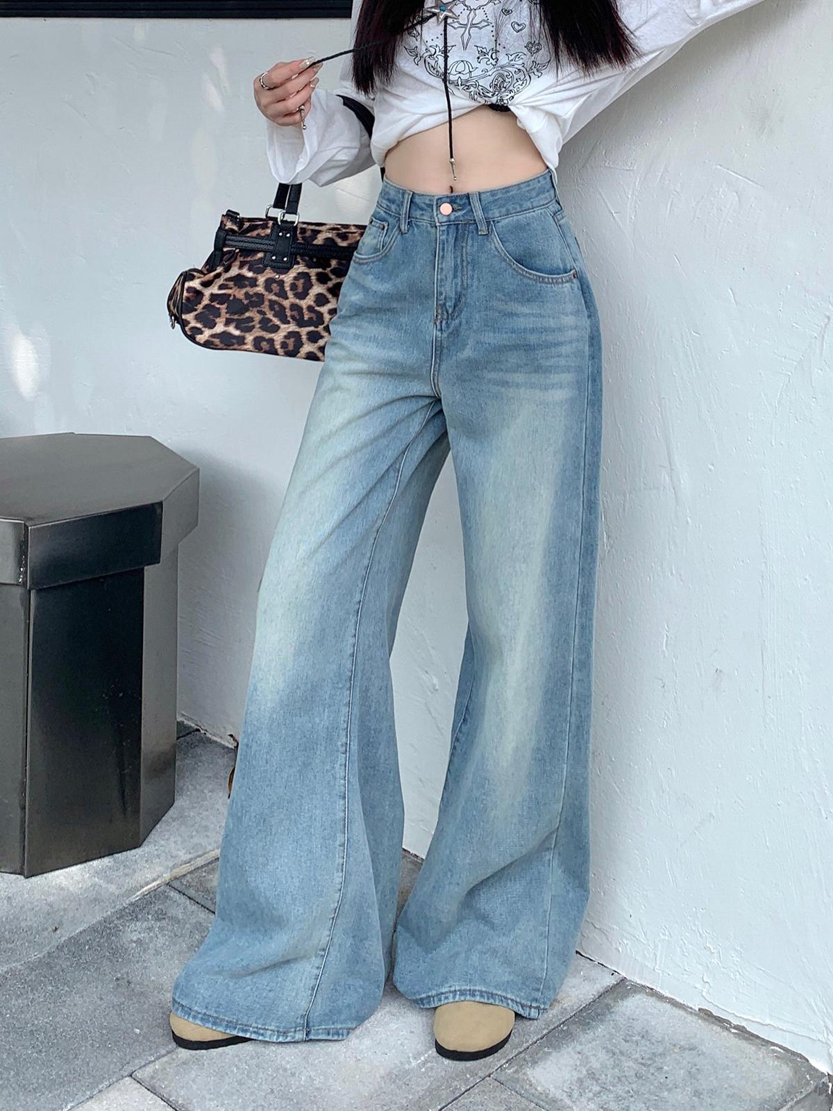 

Puffanpop Жіночі джинси широкого крою з високою посадкою, денімові штани вільного прямого крою, джинси бойфренди великого розміру, дорожні повсякденні денімові штани XXL синій