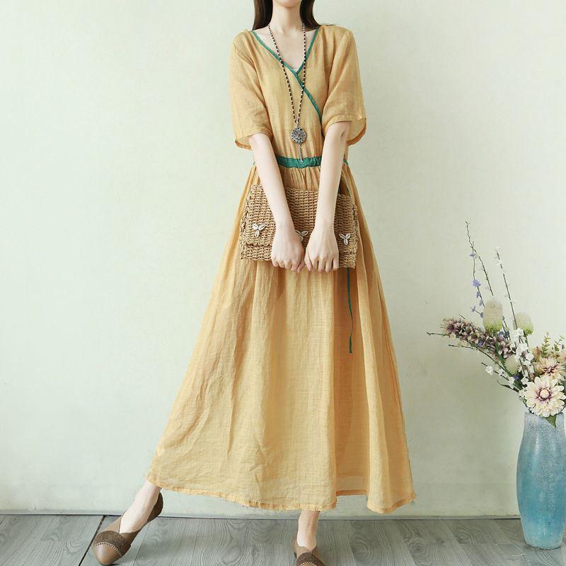 

Длинное платье из хлопка и льна, однотонное, женское, лето 2025, новое, свободное, с короткими рукавами, V-образным вырезом, талией, А-образным вырезом 2XL жёлтый