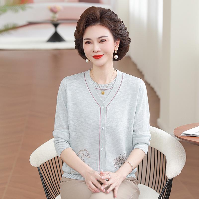 

Spring 2026 Elegant Chinese-Style Knitted Two-Piece Cardigan Set for Middle-Aged & Elderly Women XL (for 90-115 kg)