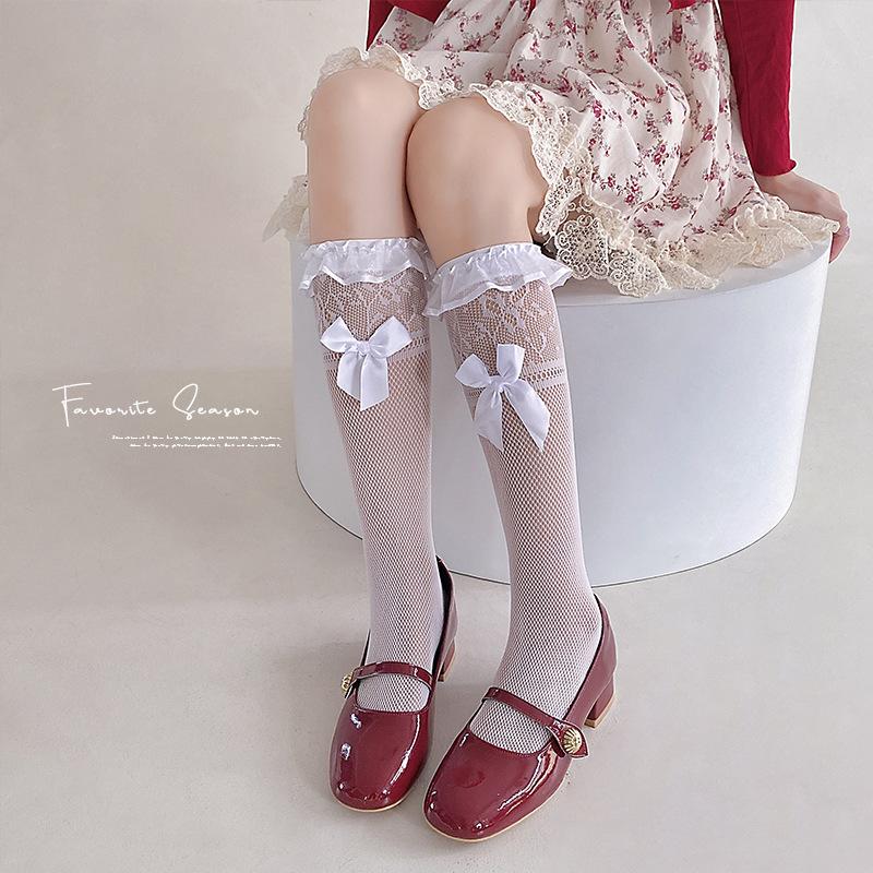 

Women s Spring and Summer Thin and Sweet Bow Lace Long Tube Pile Socks 1 pair чорний