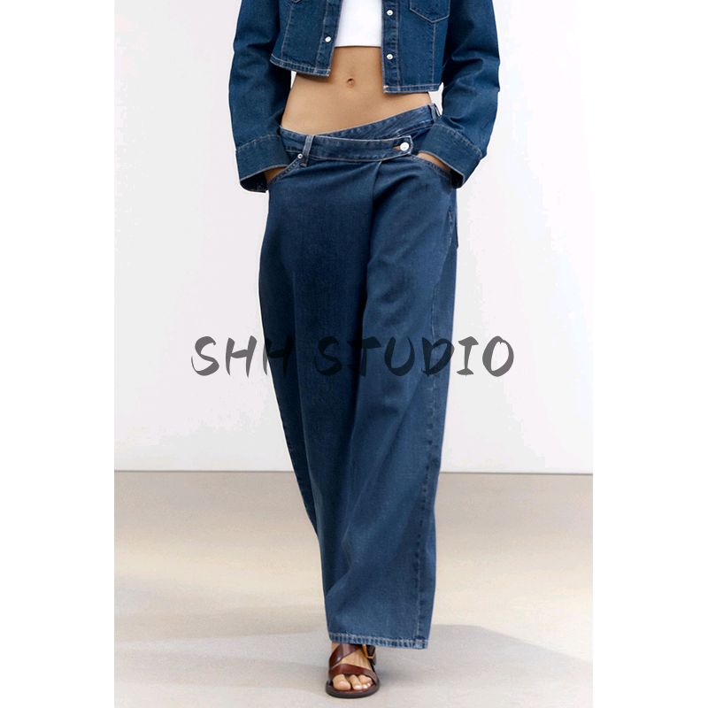 Spring New Women's Clothing Metal Button Decoration High Waist Double Breasted Waist Loose Straight-leg Denim 6045040